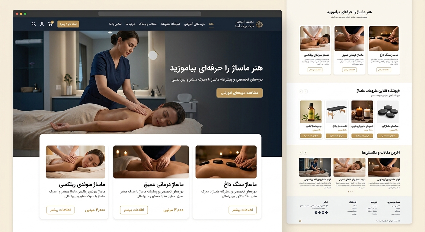 یک وب سایت ویژه‌ موسسه آموزشی ماساژ میخوام ،همراه با فروشگاه‌ ملزومات ماساژ و مق
