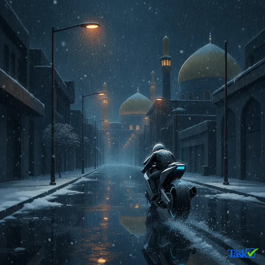 تصادف موتور در شب برفی و بارانی